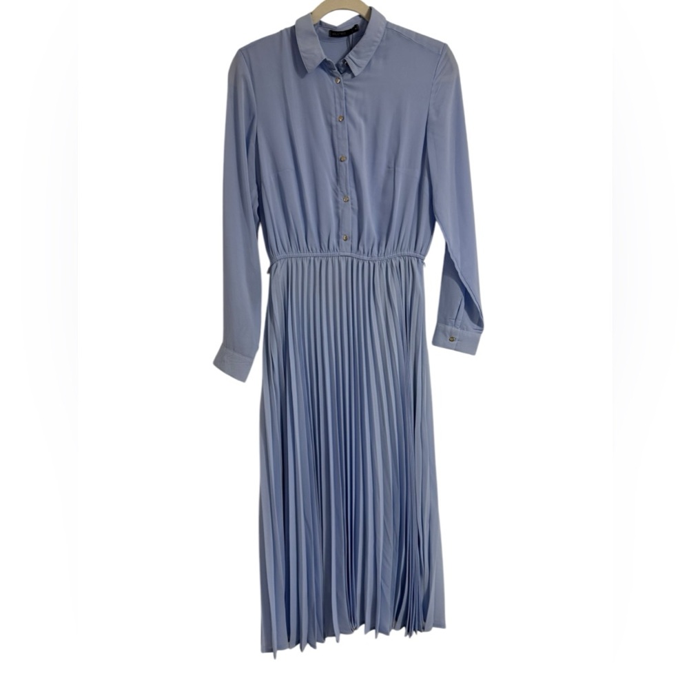 Blue Button Up Maxi Dress Work Business Pleated